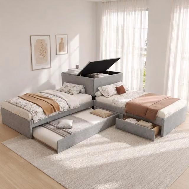 Letto angolare 90x200 cm grigio in lino con letto estraibile e contenitore
