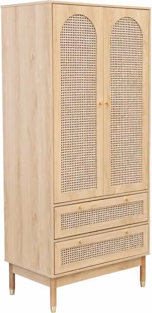 Armadio Sweeek in legno e rattan con ante a battente e cassetti integrati, stile boho, marrone – 1