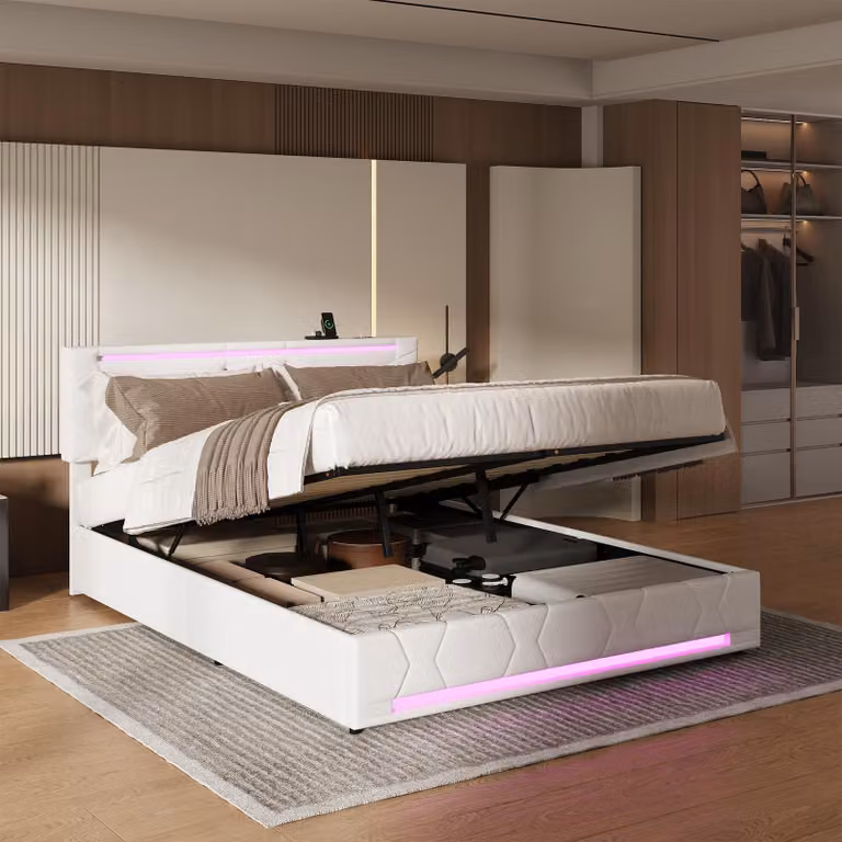 UnboxG Letto a pressione a gas 140×200 cm Beige - letto in tessuto con strisce luminose a LED, porta di ricarica USB e ampio spazio di archiviazione, letto imbottito moderno