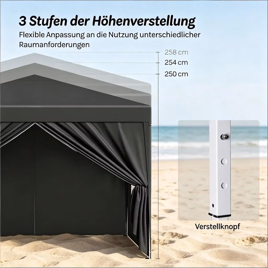 Pavillon Pieghevole REDOM Grigio con Pareti Laterali, L/P/H: 300 x 300 x 258 cm – 2