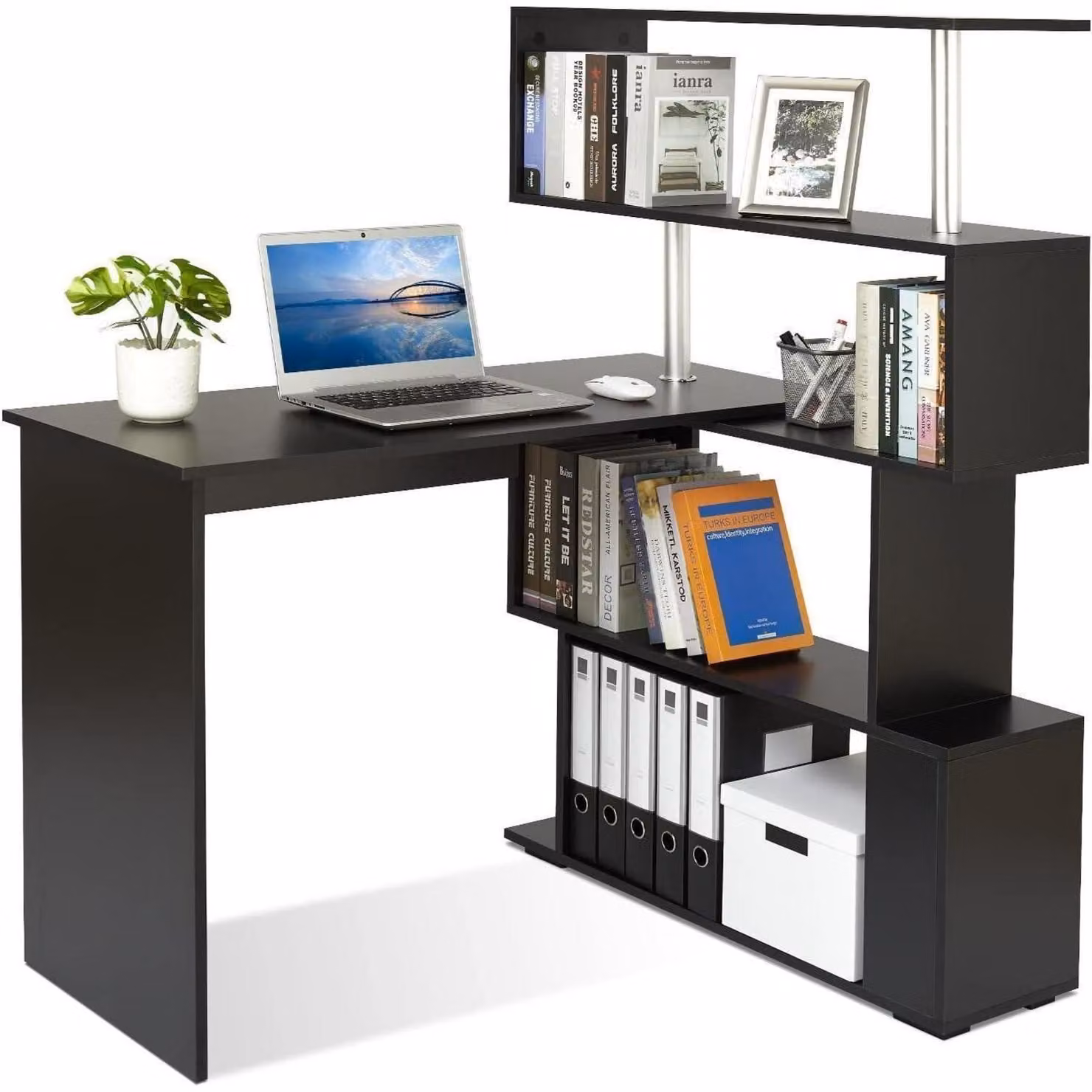 Scrivania a forma di L con libreria girevole a 360°, dimensioni 157 x 45 x 130,5 cm, colore nero