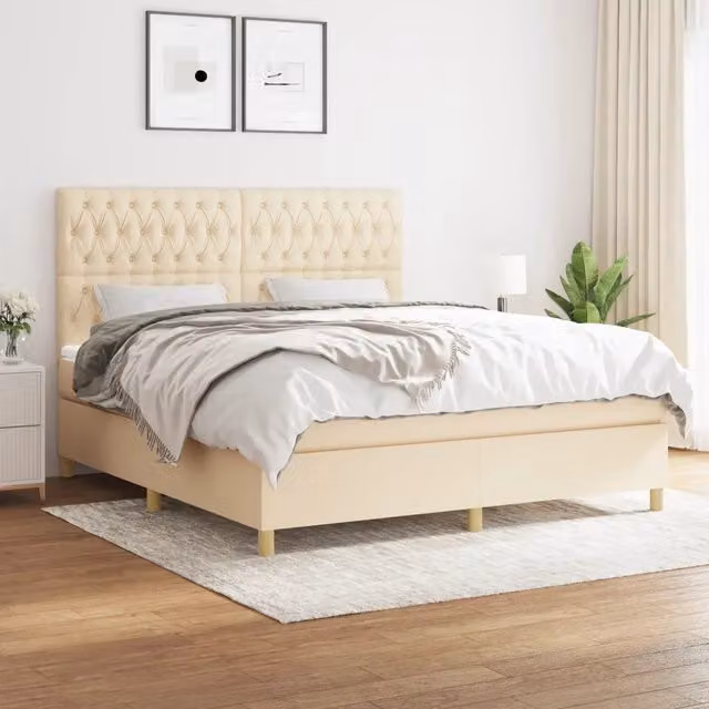 Letto Ibrido vidaXL con Giroletto a Molle e Materasso in Tessuto Beige e Bianco L: 180 cm, P: 200 cm, H: 203 cm