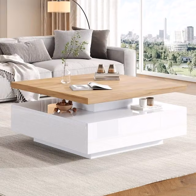 Tavolino basso OKWISH moderno con piano girevole 360 e cassetto, finitura lucida in MDF laminato, noce e bianco, L 70 x P 70 x H 36 cm