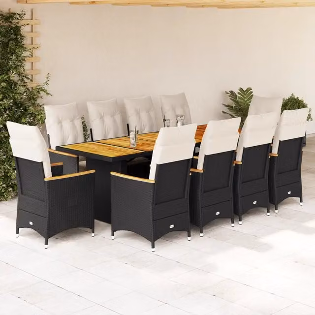 Set da bistrò da giardino vidaXL in polyrattan e legno di acacia nero e bianco, 11 pezzi