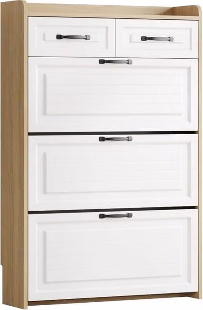 Mobiletto Portascarpe con 3 Ante Girevoli e 2 Cassetti in Truciolato 80x23,5x131 cm, Bianco e Naturale