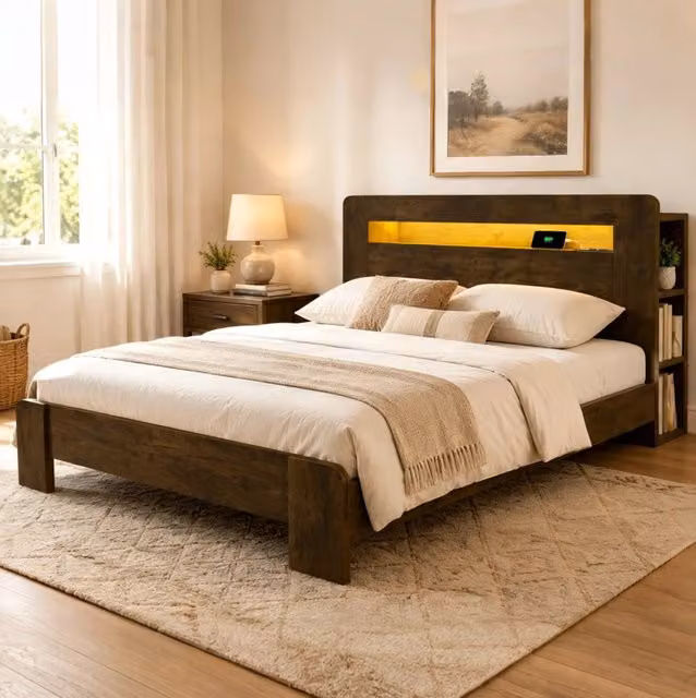 Letto 140x200 cm con testiera portaoggetti; LED e prese integrate in legno