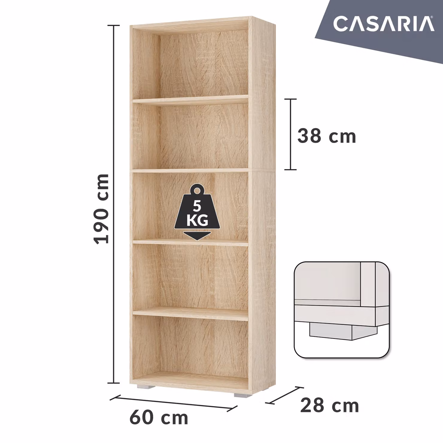 Libreria Vela Casaria con 5 ripiani regolabili in rovere, H 190 cm x L 60 cm x P 28 cm – 2
