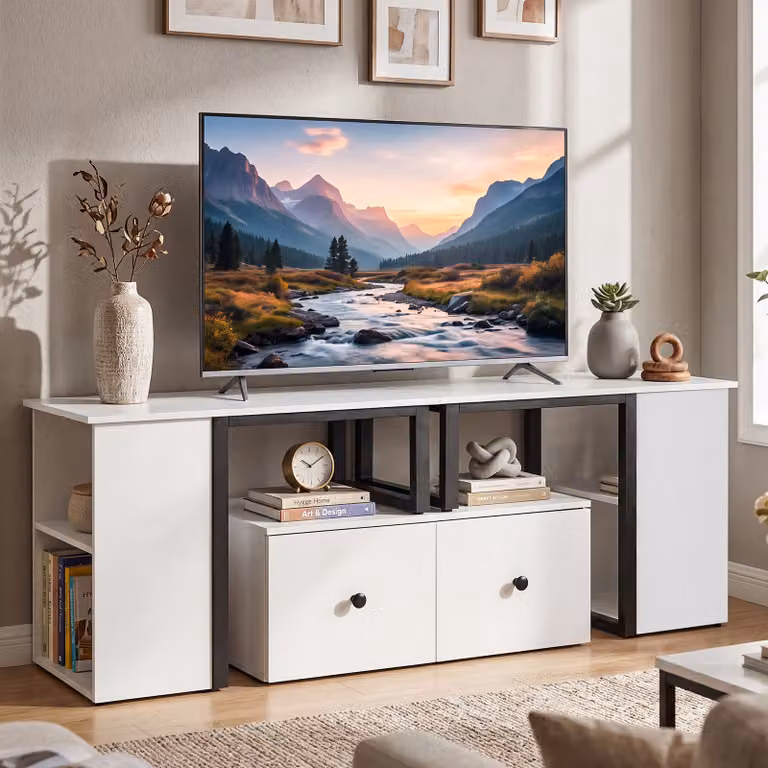 Mobile porta TV angolare Costway bianco con 2 cassetti e 4 scomparti aperti per soggiorno e camera da letto