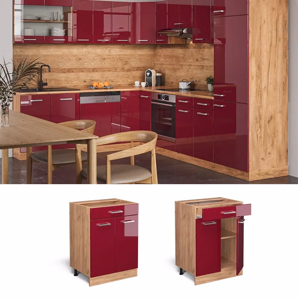 Mobiletto base per cucina Vicco R-Line Rosso lucido e Rovere dorato con cassetto, senza piano di lavoro, L: 60 cm – 2