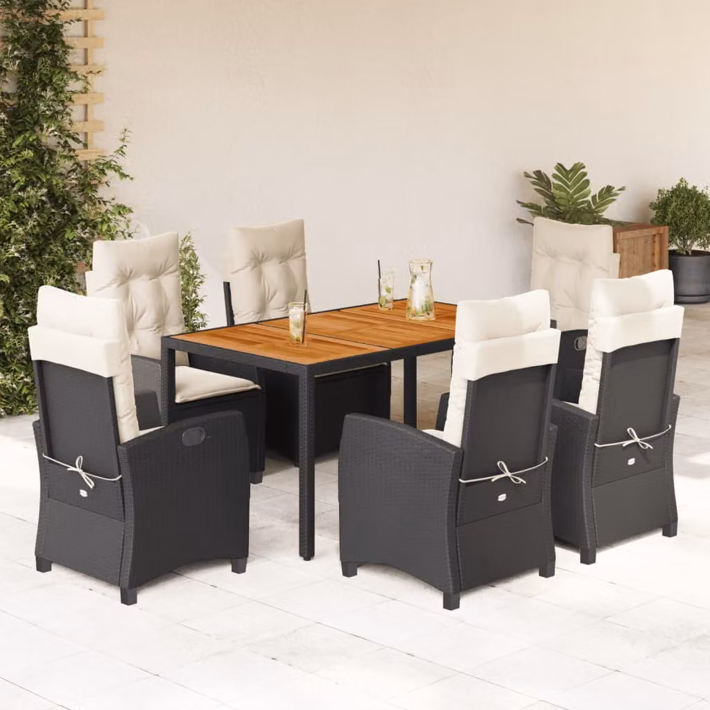 Set da pranzo da giardino vidaXL in legno di acacia oliato e polyrattan con 7 pezzi, nero e bianco – 1