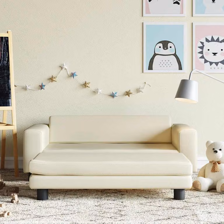 vidaXL Divano per bambini con poggiapiedi in similpelle beige L 100 x P 50 x H 30 cm