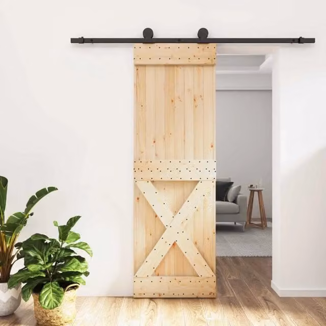 Porta scorrevole moderna vidaXL in legno e acciaio, colore naturale e nero, H: 210 cm, L: 70 cm
