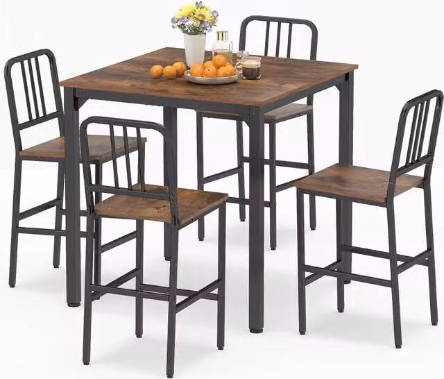 Set da Pranzo per 4 Persone, Set Cucina Bar 5 Pezzi con Superficie in Finto Marmo, Tavolo Quadrato in Legno e 4 Sgabelli Alti per Angolo Colazione e Sala da Pranzo (Caffè)