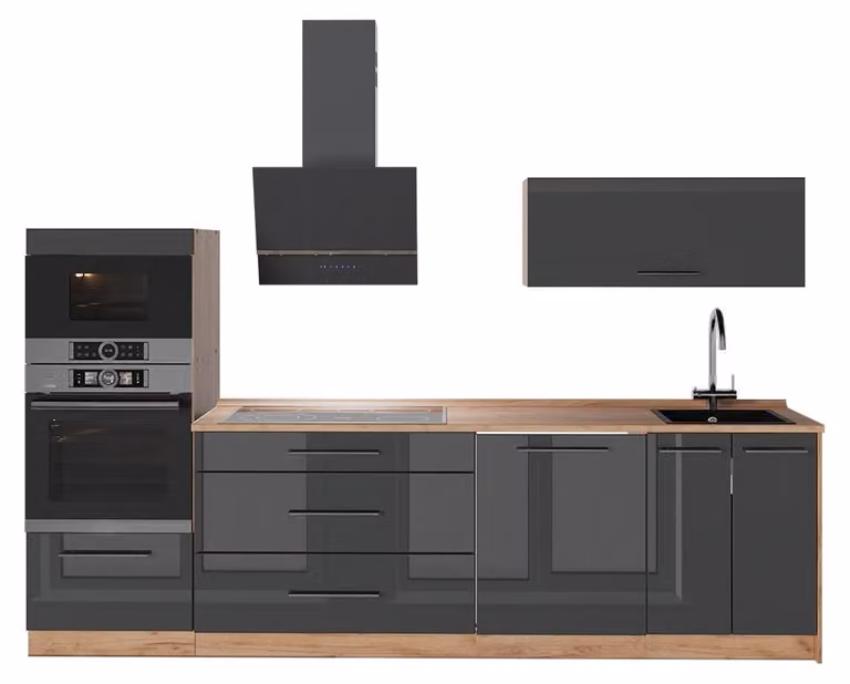 Cucina componibile Vicco Fame-Line Antracite lucido/Rovere dorato 280 cm senza piano di lavoro, Model 64686