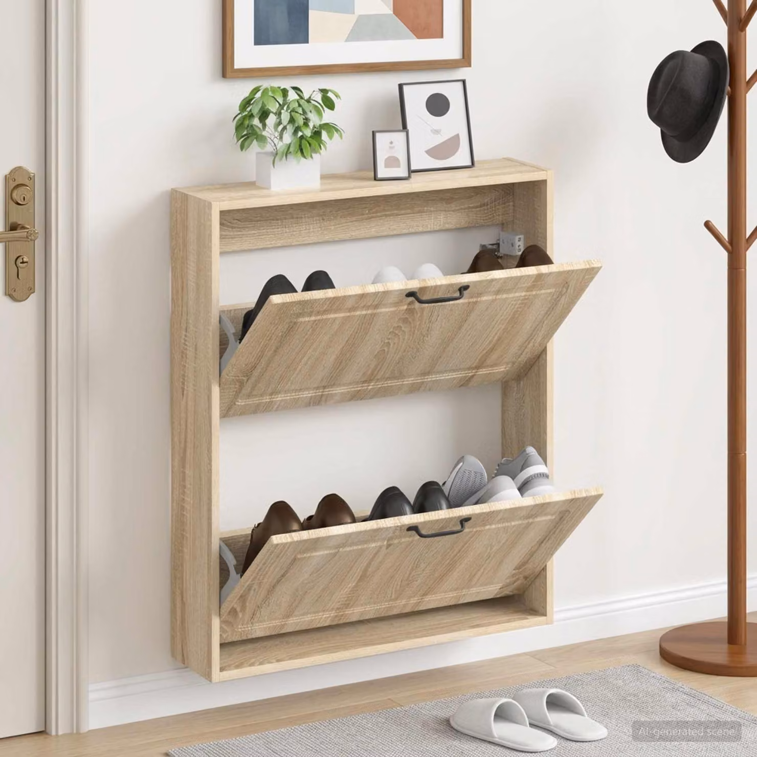 Mobiletto per scarpe da muro vidaXL UTRECHT in legno e metallo, finitura rovere, L 71 x P 17 x H 86 cm