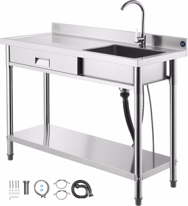 Lavello SucceBuy in acciaio inox (120 x 50 x 94 cm), monovasca con rubinetto e cassetto, robusto lavello da cucina per garage, ristorante o lavanderia, lavello da esterno con piano di lavoro a sinistra
