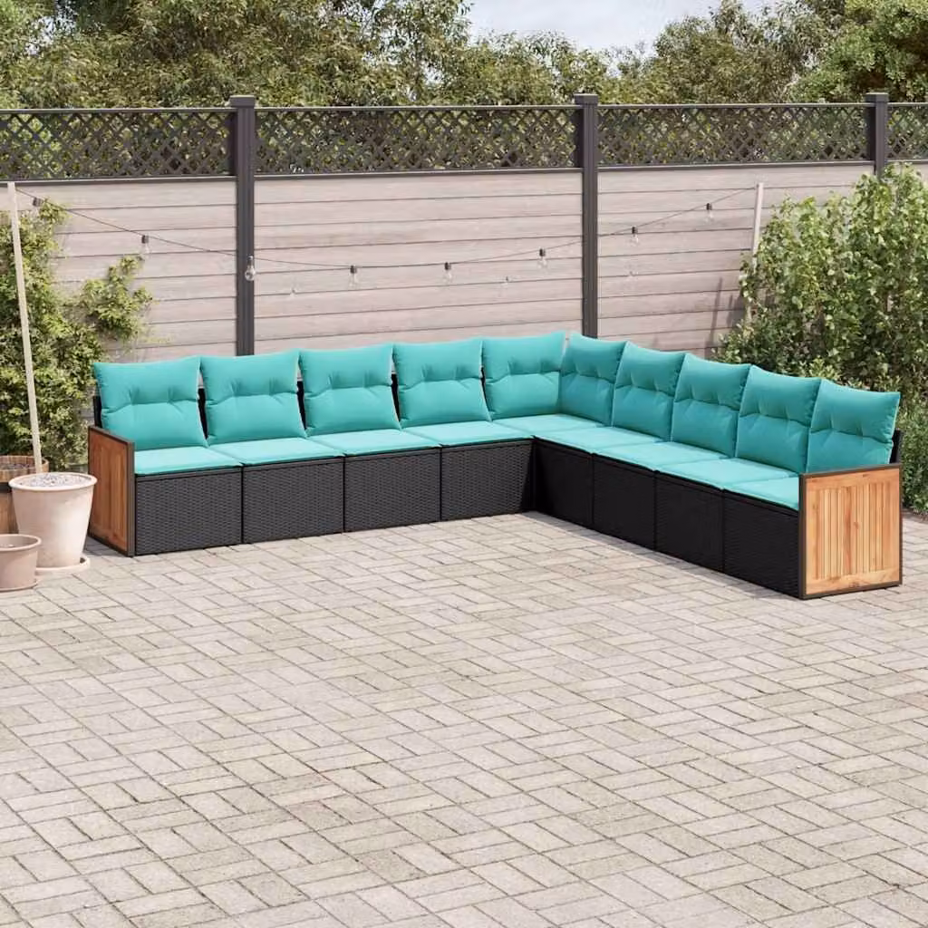 Set di divani da giardino vidaXL a forma di U in polyrattan con cuscini, nero, blu e turchese
