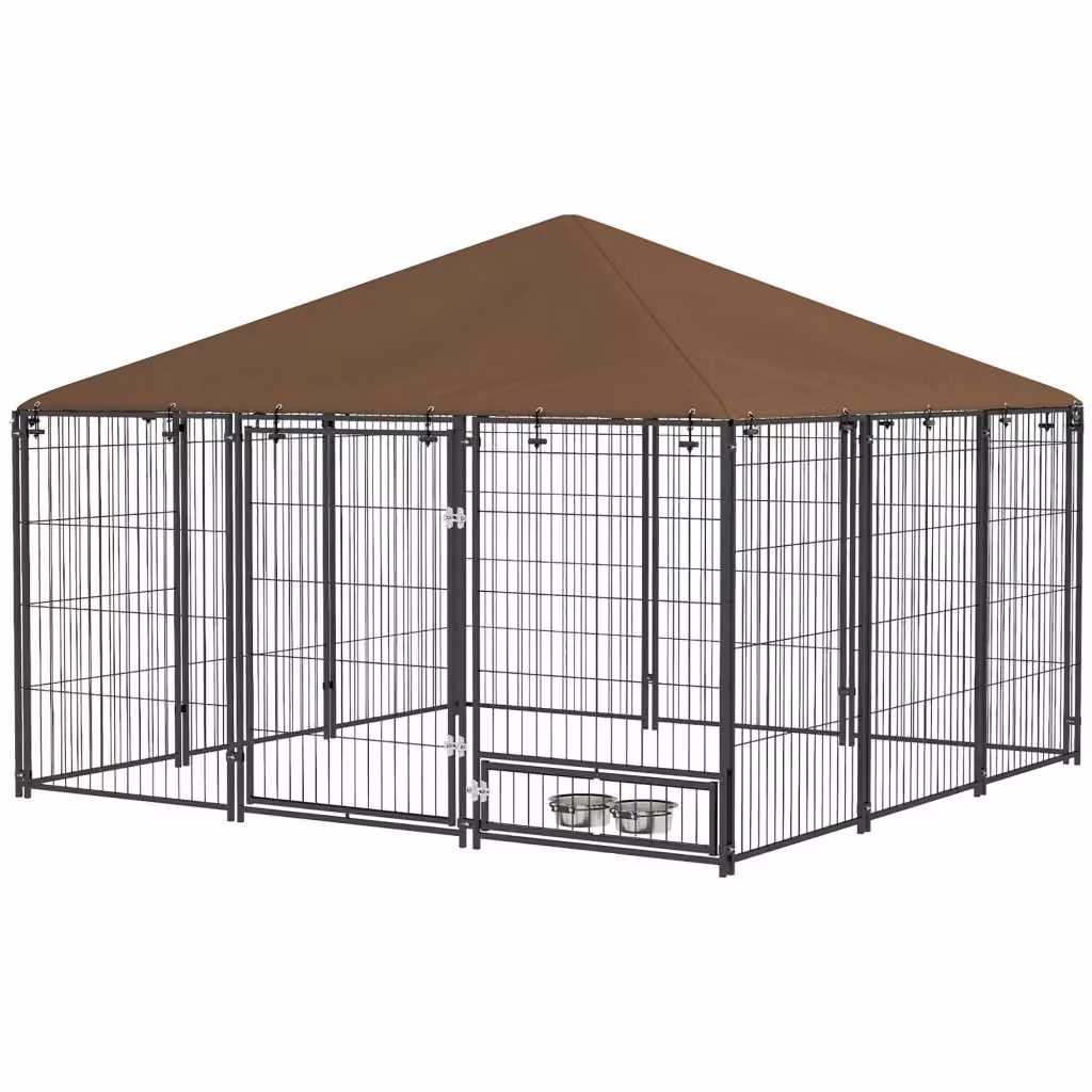 Recinto per cani in metallo e tessuto Oxford con porticina per ciotole, resistente alle intemperie, Nero e Marrone, L: 211 cm, P: 141 cm, H: 151 cm – 2