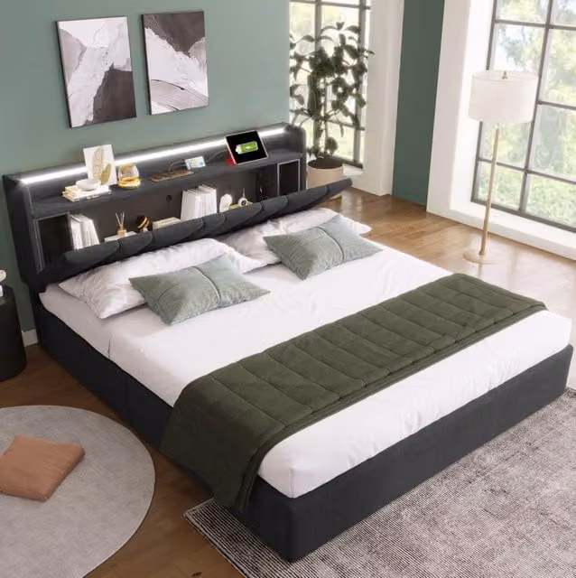 Letto matrimoniale imbottito MODFU con contenitore e tecnologia integrata, grigio, L: 160 cm, P: 200 cm, H: 110 cm