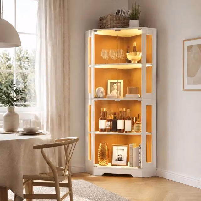 Credenza alta vetrina LED con 4 ante in vetro e 2 ripiani regolabili per cucina, in MDF, bianca, 60 × 60 × 165 cm