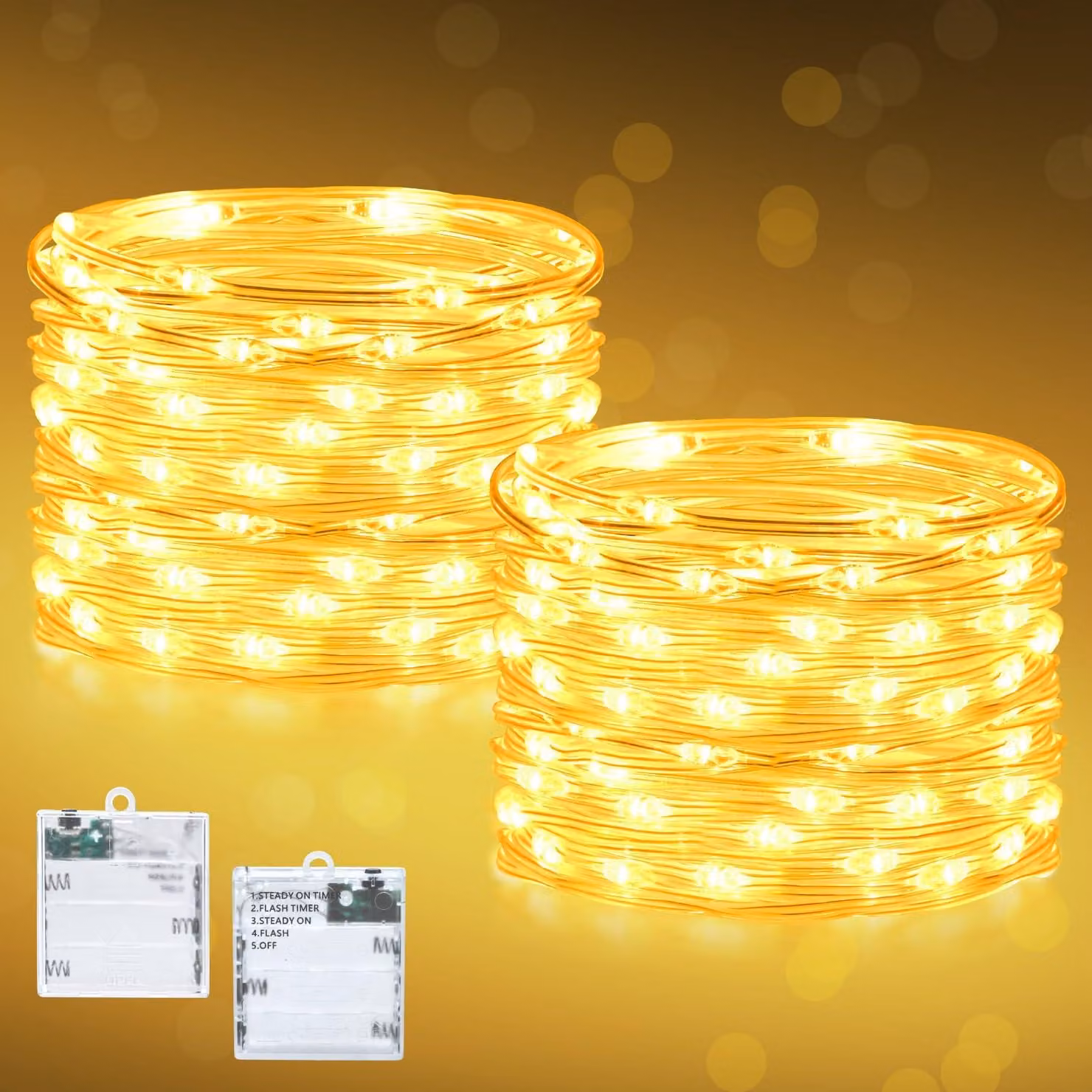 Catena luminosa a LED, 3 metri, 30 LED, 5 modalità, timer, set da 2, luce bianco caldo