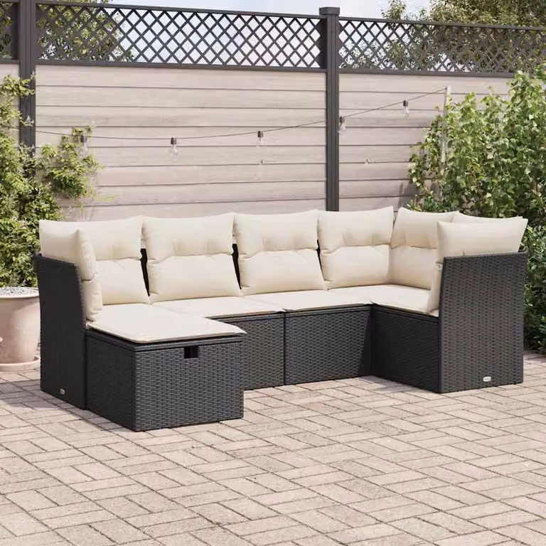 Set Divano da Giardino vidaXL 6 pz in Polyrattan Nero con Cuscini e Ottoman a Forma di L