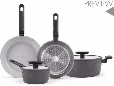 Set di batterie da cucina Explore Bruno Barbieri da 6 pezzi in ceramica grigia con padelle, casseruole e coperchi in vetro