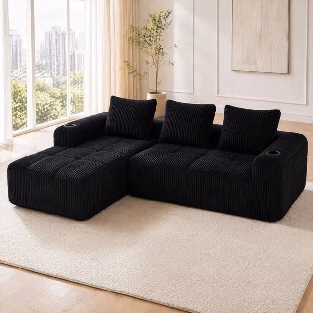 Divano modulare compatto in velluto a coste nero; 253 x 158 x 61 cm; con portabicchieri