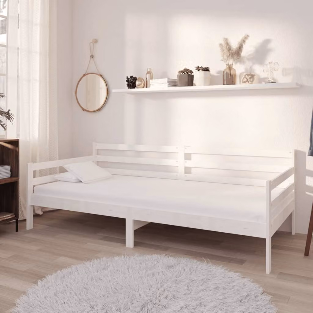 The Living Store Letto da giorno con materasso 90x200 cm in legno di pino massiccio bianco