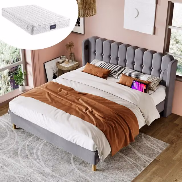 Letto matrimoniale imbottito grigio 160x200 cm con USB-C