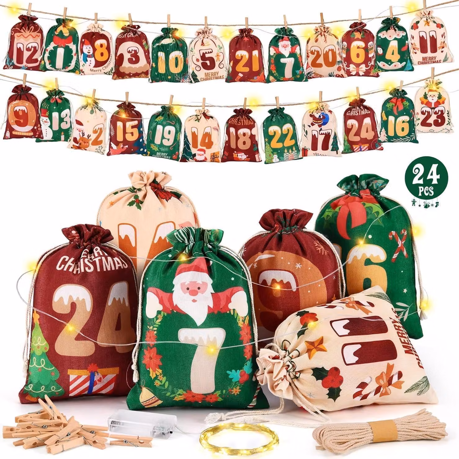 Calendario dell'Avvento con 24 sacchetti in tessuto, nei colori rosso, verde e beige, con luci a LED