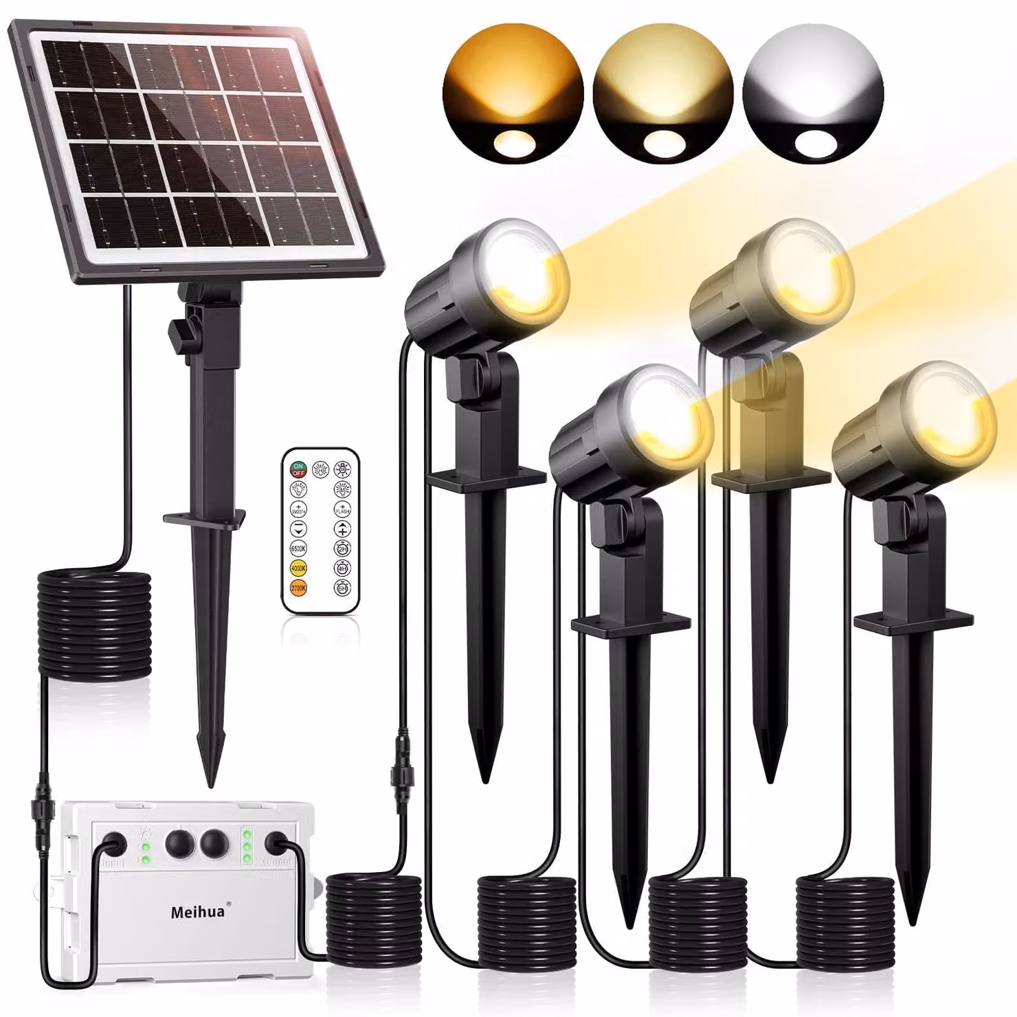 Set di 4 luci solari, grado di protezione IP66, con 3 temperature di colore: 2700K/4000K/6000K