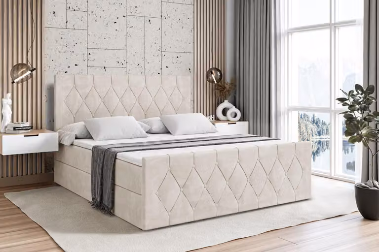 Letto boxspring ALTDECOR con materasso e rete a doghe - - VELANTO - 200x200 cm, velluto beige - Letto boxspring, pediera, topper, letto imbottito con contenitore, letto con contenitore H4 - Materasso, letto matrimoniale, letto boxspring