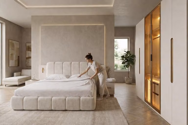 Set da camera da letto: letto, armadio con luci a LED e 2 comodini