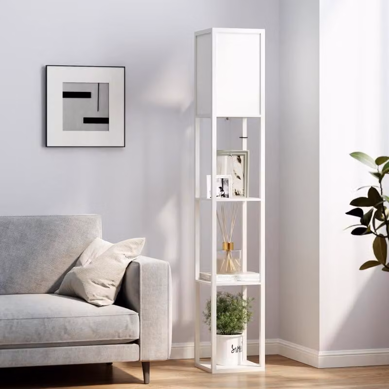 Fortuna Lai Lampada da terra con ripiani, lampada da terra, legno, 26 x 26 x 160 cm, per soggiorno/camera da letto (senza lampadina)