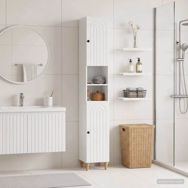 Armadio da bagno moderno vidaXL con ripiano aperto e ante a battente, Bianco lucido, L/P/H: 89 x 31 x 190 cm – 1
