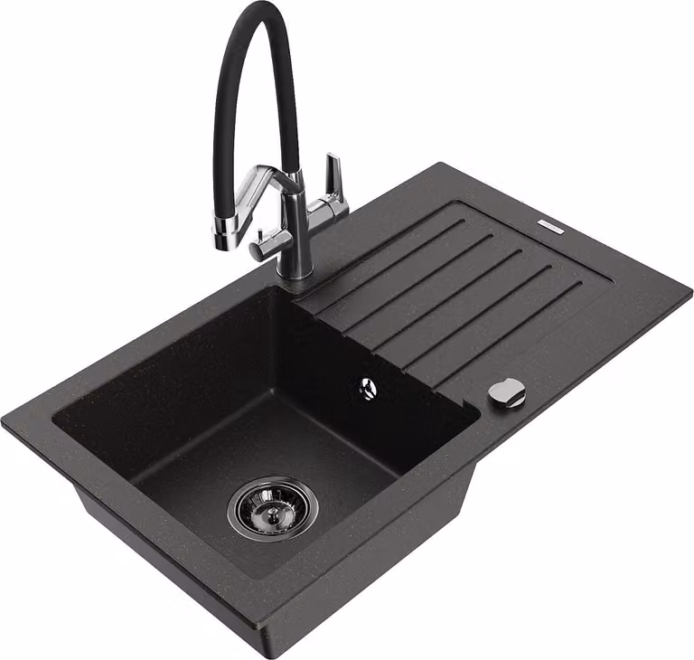 Mexen Pablo lavello in granito a 1 vasca con sgocciolatoio e miscelatore Duo, nero/oro metallizzato - 6510-75-671701-07-B