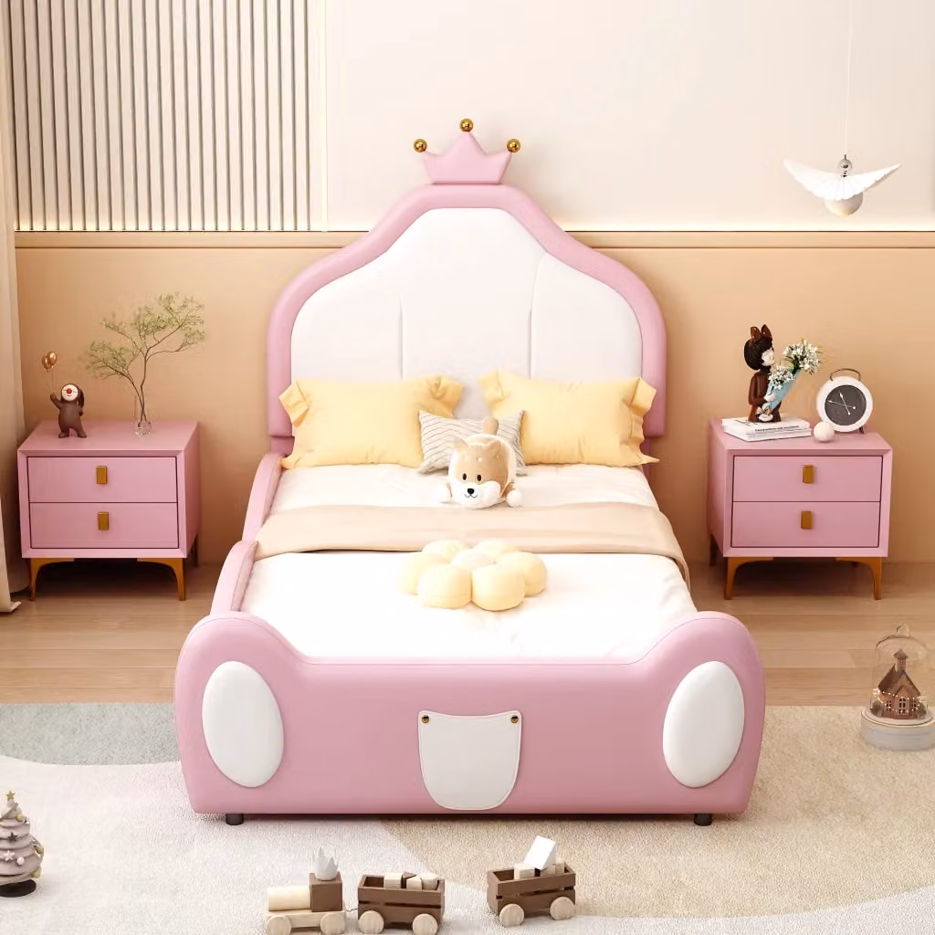 Letto per bambini con testiera a corona bicolore rosa e bianco in pelle sintetica L/P: 90 x 200 cm – 2