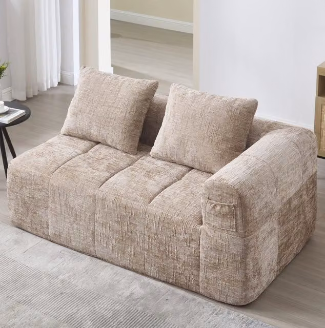 Divano chaise lounge moderno in chenille khaki con tasche laterali; 158 x 90 x 60 cm