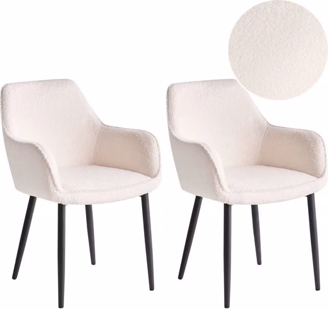 Set di 2 sedie da pranzo Beliani in tessuto bouclé bianco con braccioli e gambe in metallo nero stile moderno industriale L: 63 cm, P: 58 cm, H: 86 cm