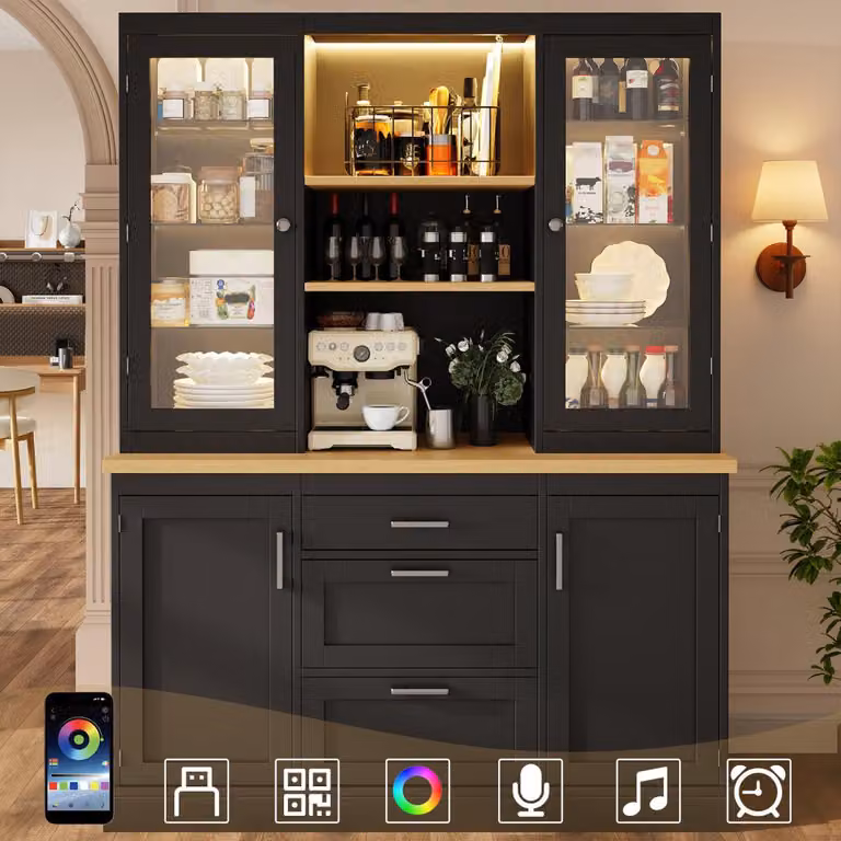 Mobile da cucina con illuminazione a LED controllabile tramite app, 185x140x40 cm, 3 cassetti, piano di lavoro, ripiani regolabili, nero