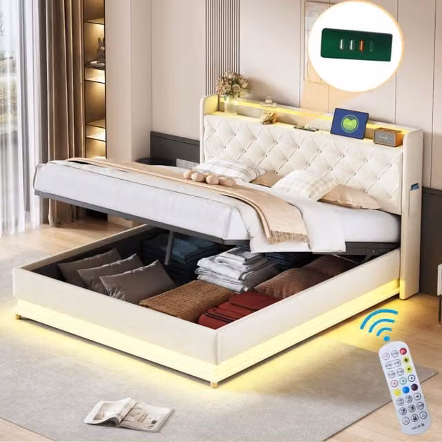 Letto Imbottito Contenitore con LED e USB ¨C MINIMAL ¨C Tessuto Beige 160x200