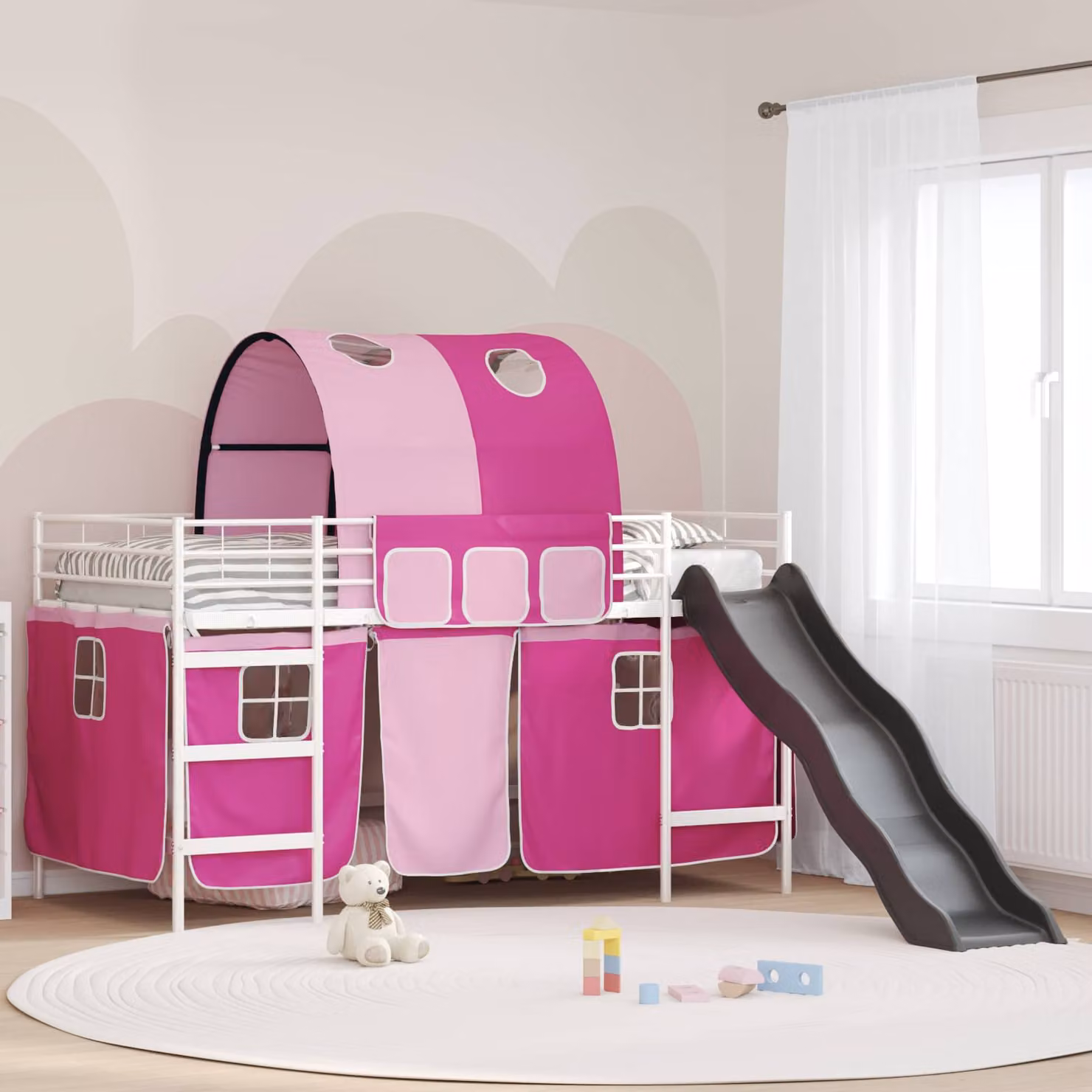 Letto a castello per bambini vidaXL con struttura a casetta e scala, Metallo, Bianco e Rosa, L/P/H: 200 x 100 x 190 cm – 1