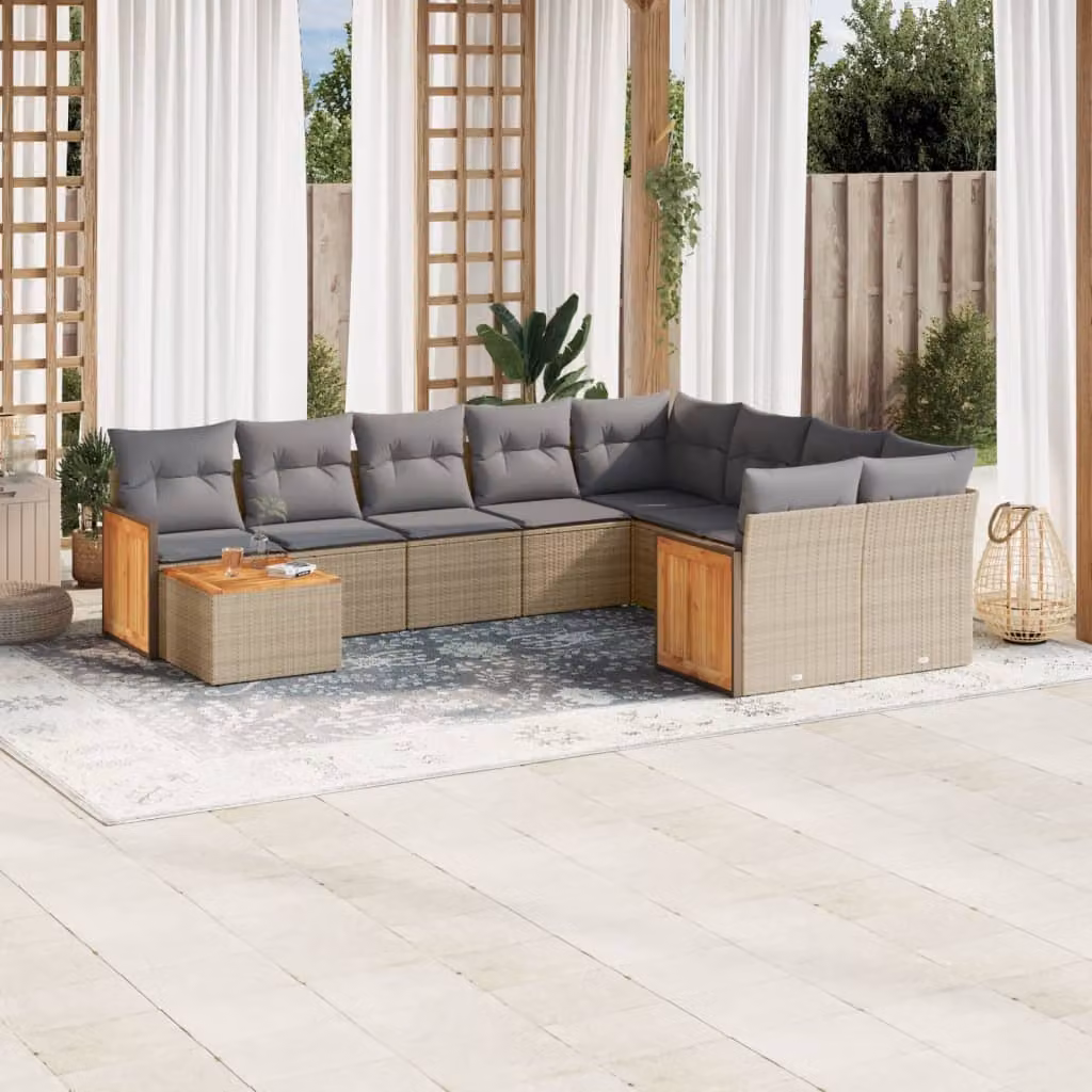 vidaXL Set Divano da Giardino 10 pz a L con Cuscini Beige in Polyrattan e Acciaio