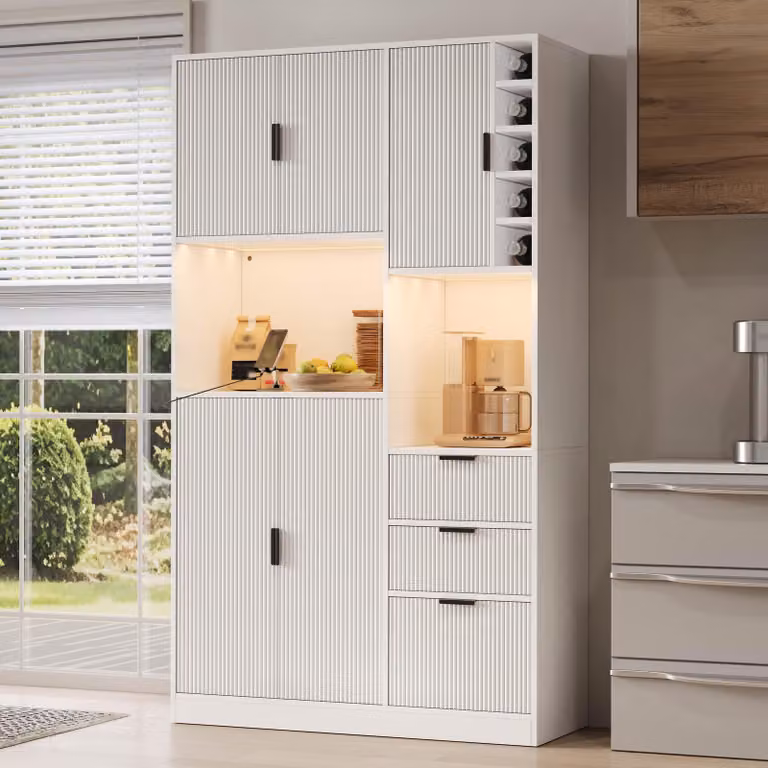 Armadio da cucina Flieks con ripiani regolabili, 3 cassetti, scaffale per vino e illuminazione a LED, mobile alto 105x40x180 cm, mobiletto per vino, bianco