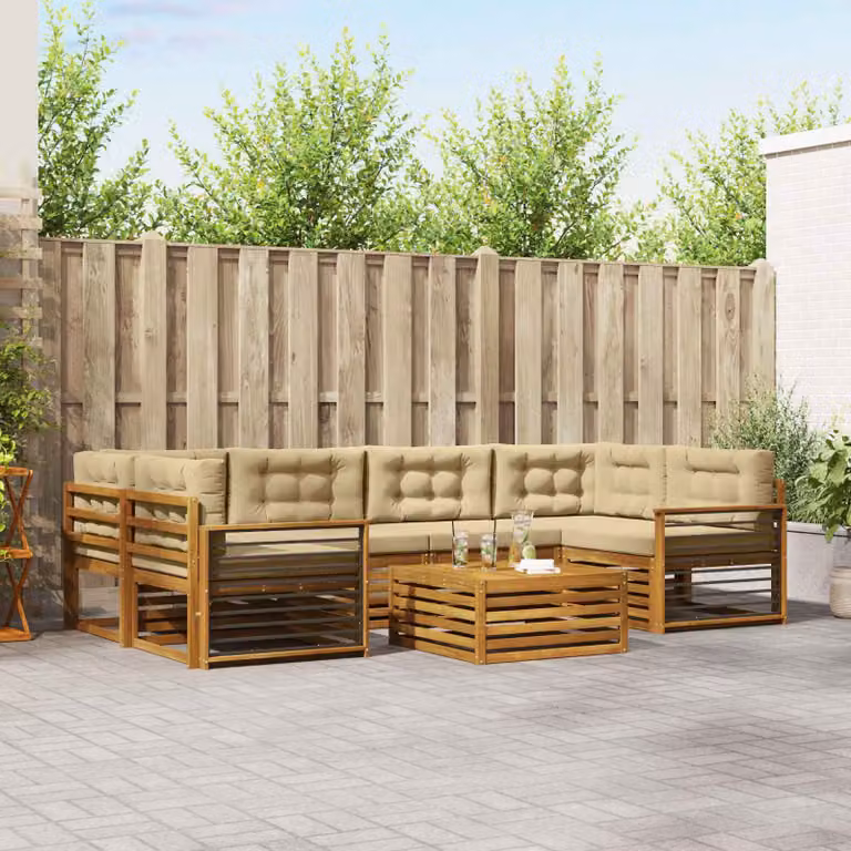 Set di divani da esterno vidaXL 7 pz in legno di acacia con cuscini e tavolino, colore marrone e beige