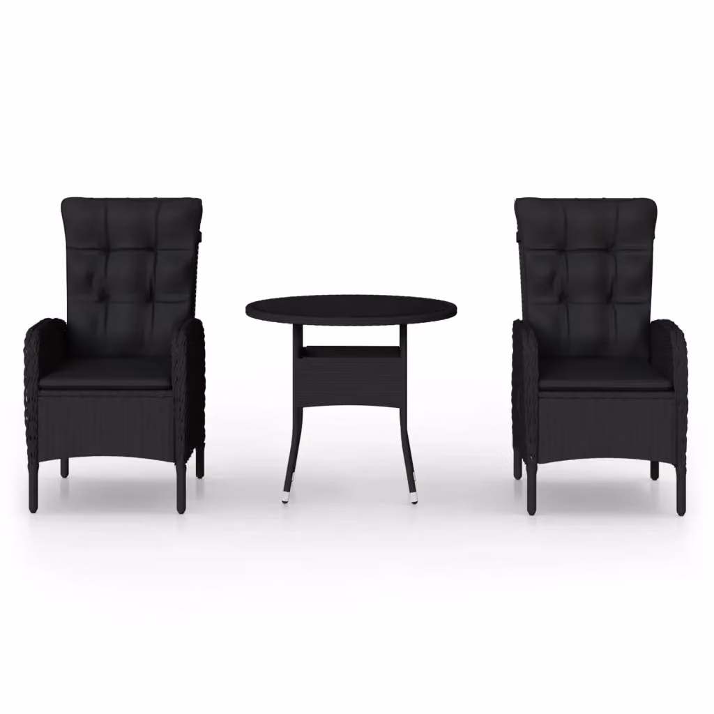 vidaXL Set da Bistrot per Giardino 3 pz in Polyrattan Nero con Piano in Vetro – 2