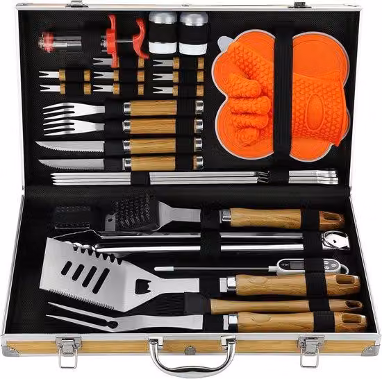 Set da barbecue professionale per esterni - Set da barbecue resistente in acciaio inossidabile - Set da barbecue da campeggio da 30 pezzi - Ideale per uomini e donne