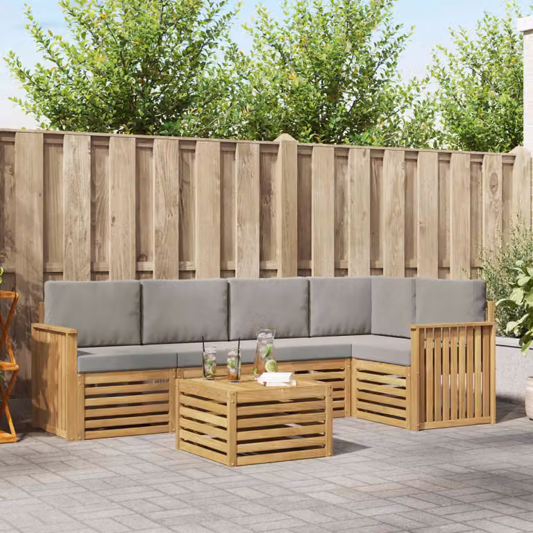 vidaXL Set di divani da esterno a L con tavolino da giardino in legno di acacia, 6 pezzi, Bianco e Grigio