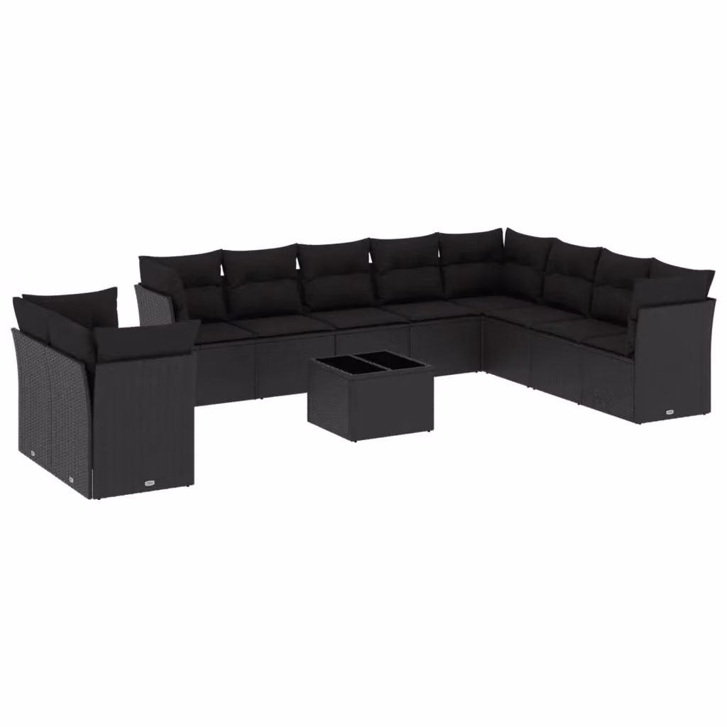 vidaXL Set Divani da Giardino a Forma di U composto da 11 Pezzi con Cuscini e Tavolino da Esterno in Polyrattan Nero – 2